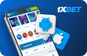 Smartphone with official 1xBet Kenya app next to 3D Android and iOS icons