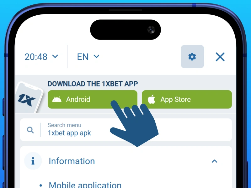 1xBet Kenya mobile site menu with Android app option highlighted