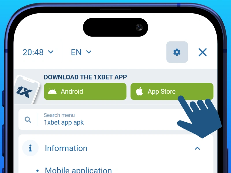 1xBet Kenya website menu with Mobile Applications section highlighted