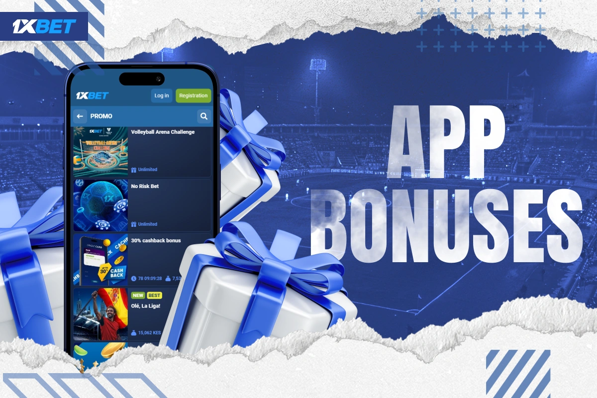 Smartphone displaying 1xBet Kenya app bonus page surrounded by gift boxes