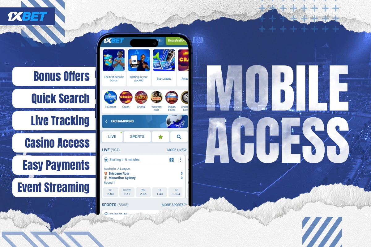 1xBet Kenya mobile app on smartphone highlighting Bonus Offers, Live Tracking, Casino and Payments