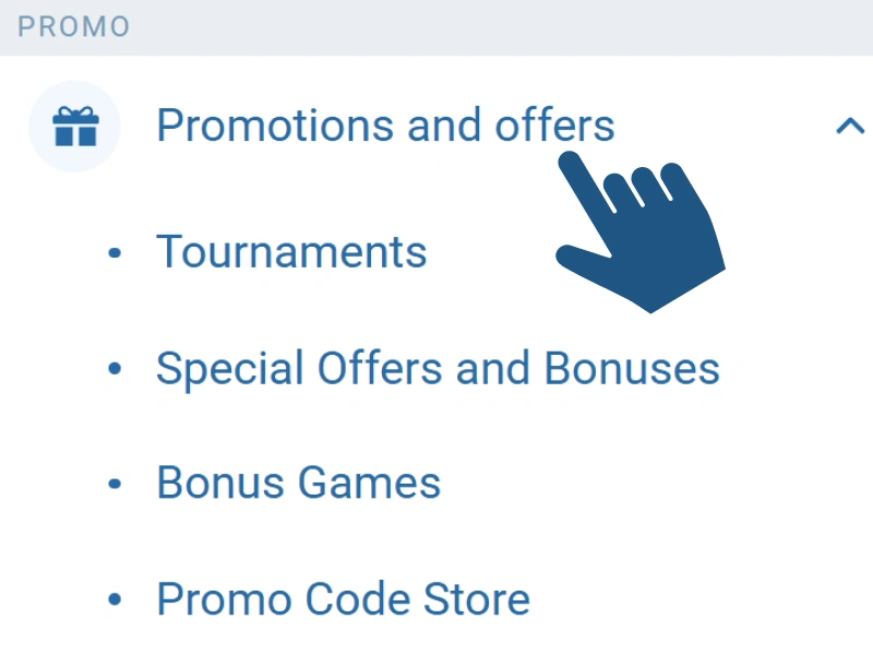 Bonus 1xBet section opened in user account menu on official site