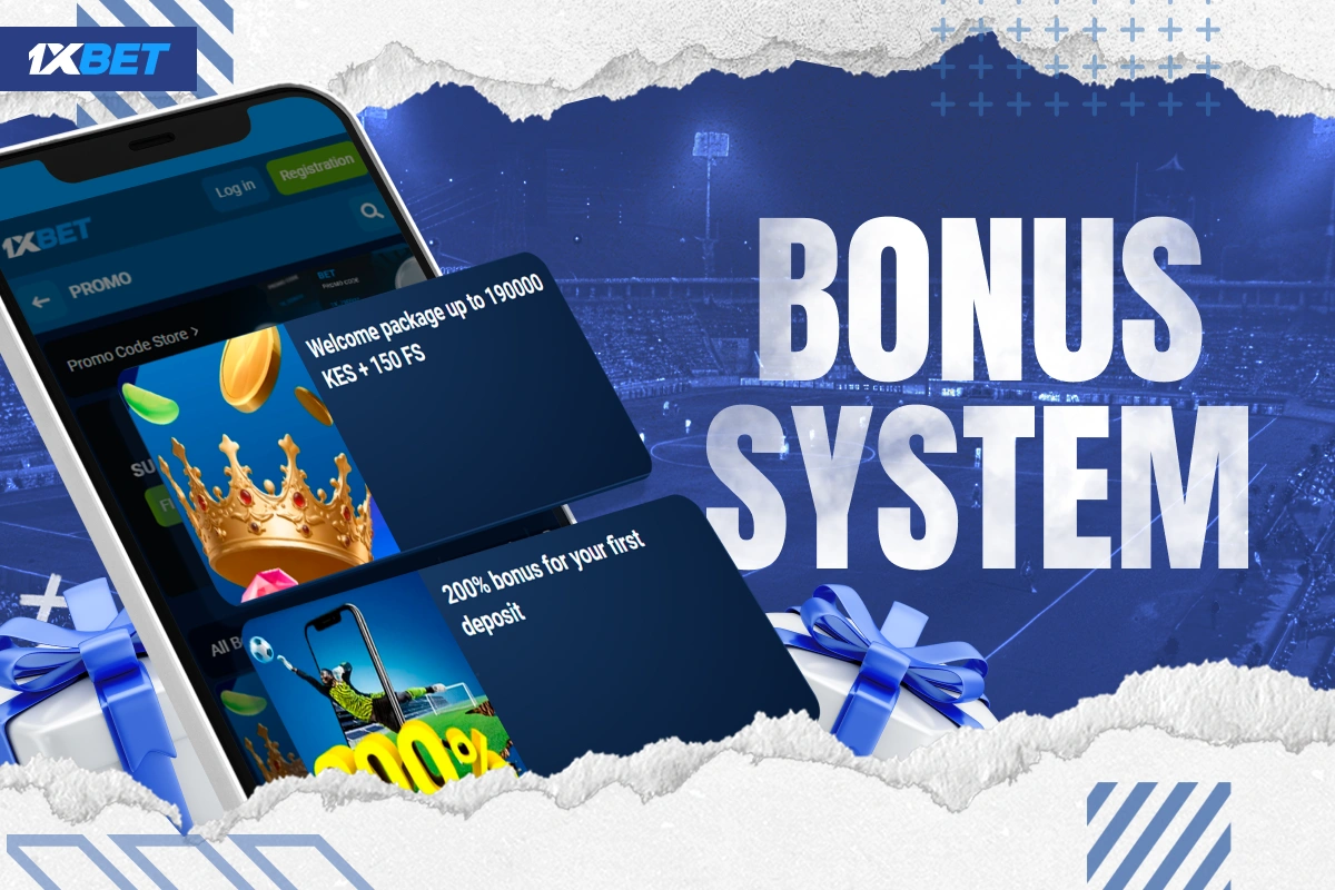 Smartphone showing 1xBet Kenya bonus page with welcome and first deposit offers highlighted
