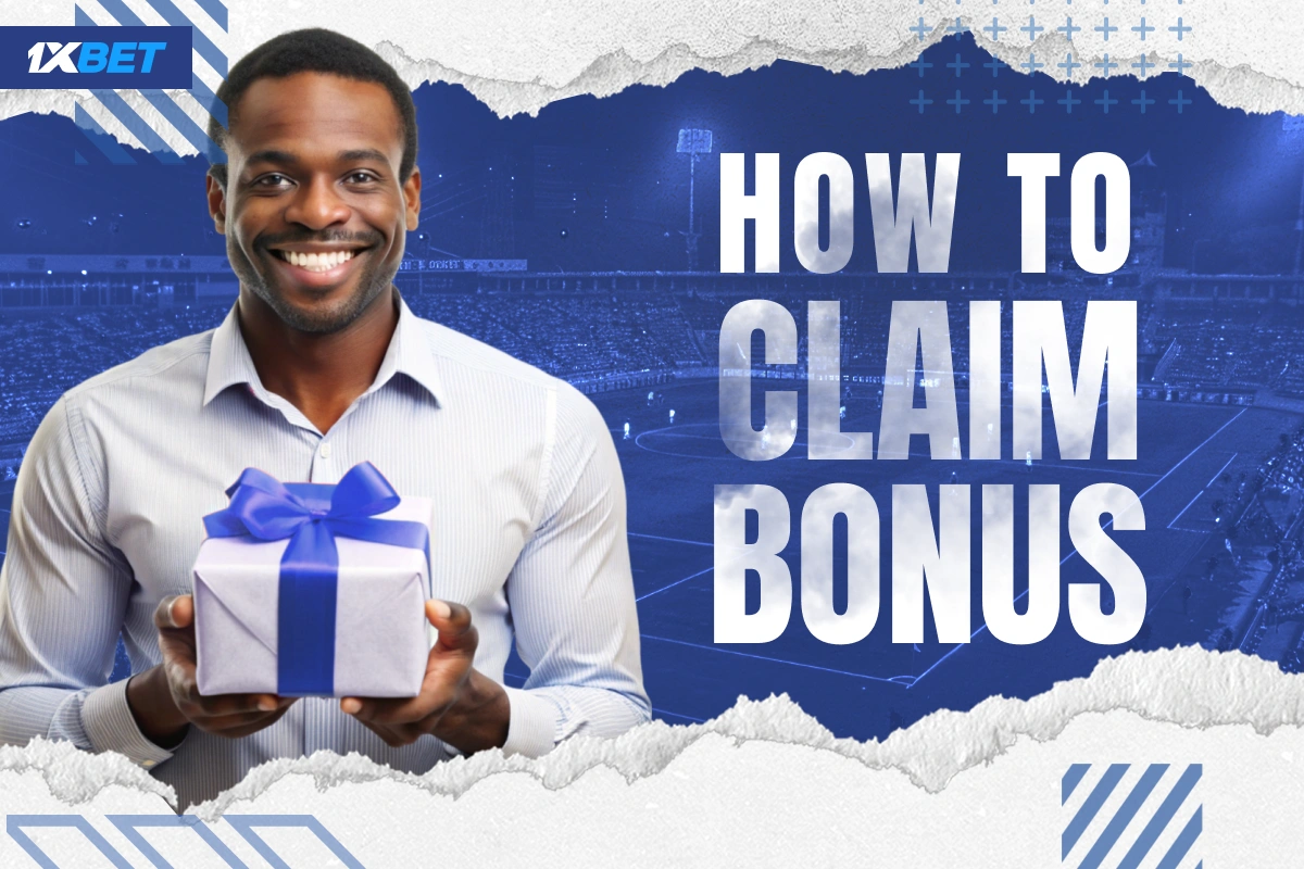 Happy Kenyan man holding blue and white gift box symbolizing how to claim bonuses at 1xBet Kenya
