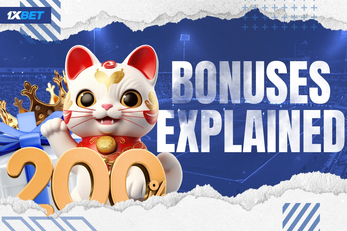 Lucky cat, 200% 3D text, blue and white gift box and golden crown representing 1xBet Kenya bonuses