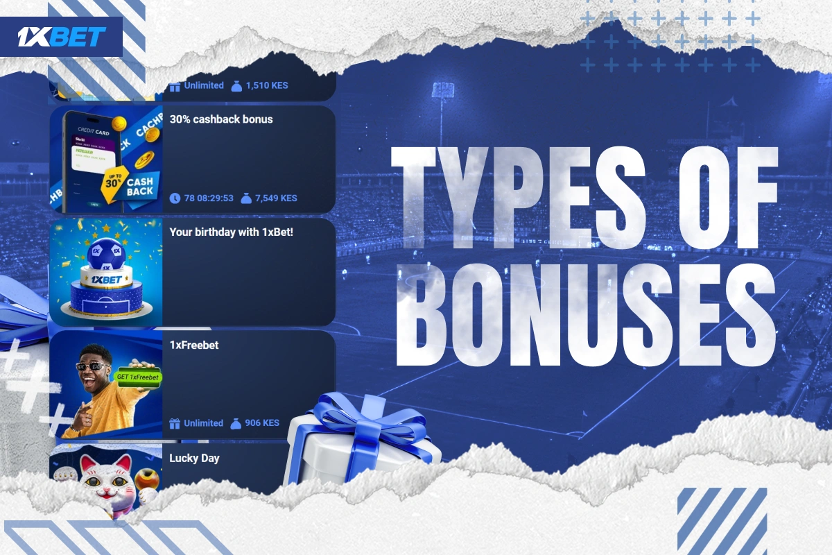 Bonus cards from 1xBet Kenya showing Freebet, Lucky Day and Birthday Bonus offers