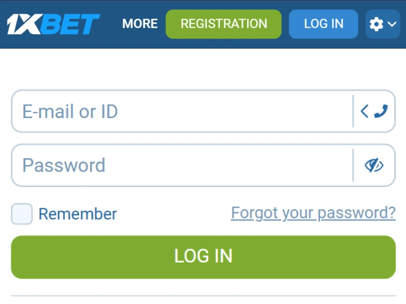 Mobile login form with fields for user ID, email, phone number and password on 1xBet Kenya