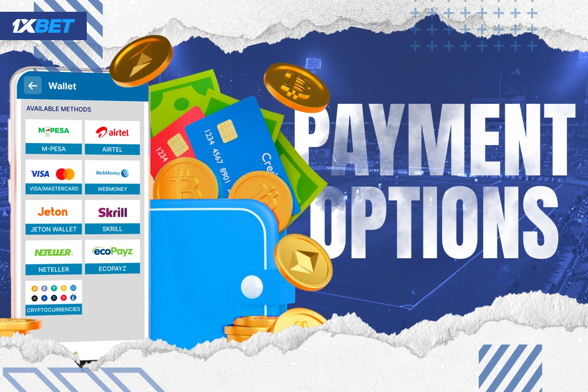Smartphone showing 1xBet Kenya payment methods including M-Pesa, Airtel, Skrill and crypto
