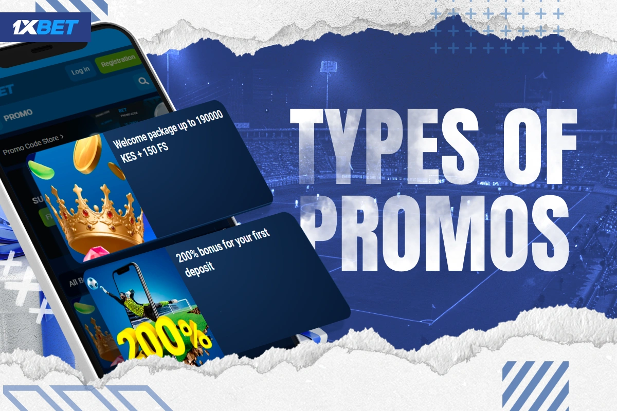 Smartphone displaying 1xBet Kenya promotions with welcome and first deposit offers