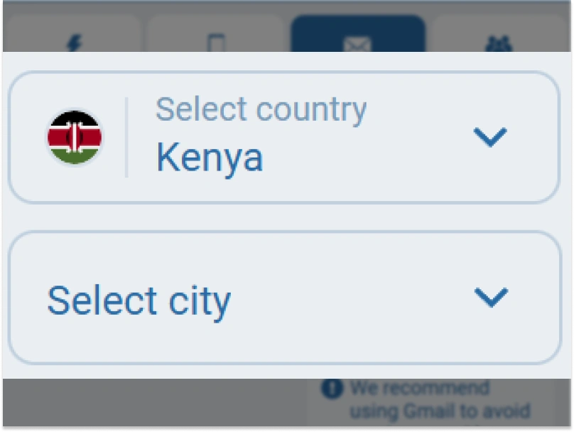 Country and city of residence fields filled on 1xBet Kenya registration page