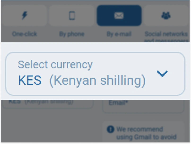 Currency selection dropdown menu on 1xBet Kenya registration page