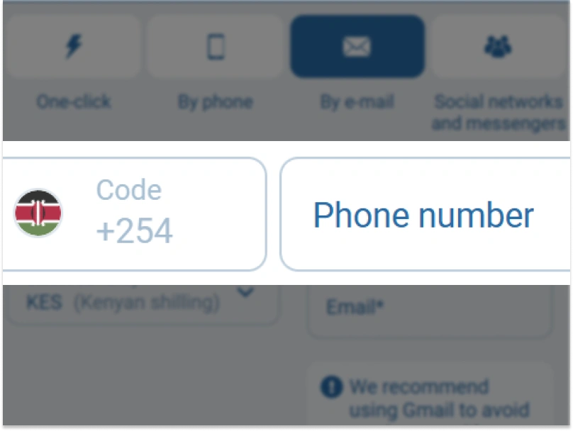 Mobile number and email address input fields on 1xBet Kenya signup page