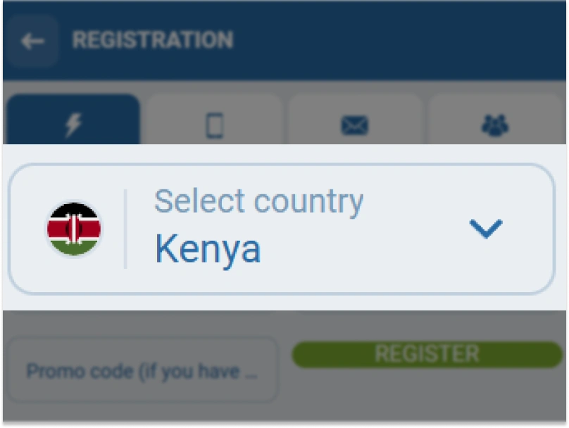 Registration form on 1xBet Kenya with Kenya selected as country