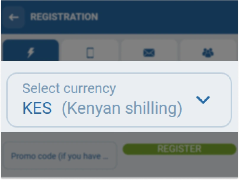 Currency selection field highlighted on 1xBet Kenya one-click registration page