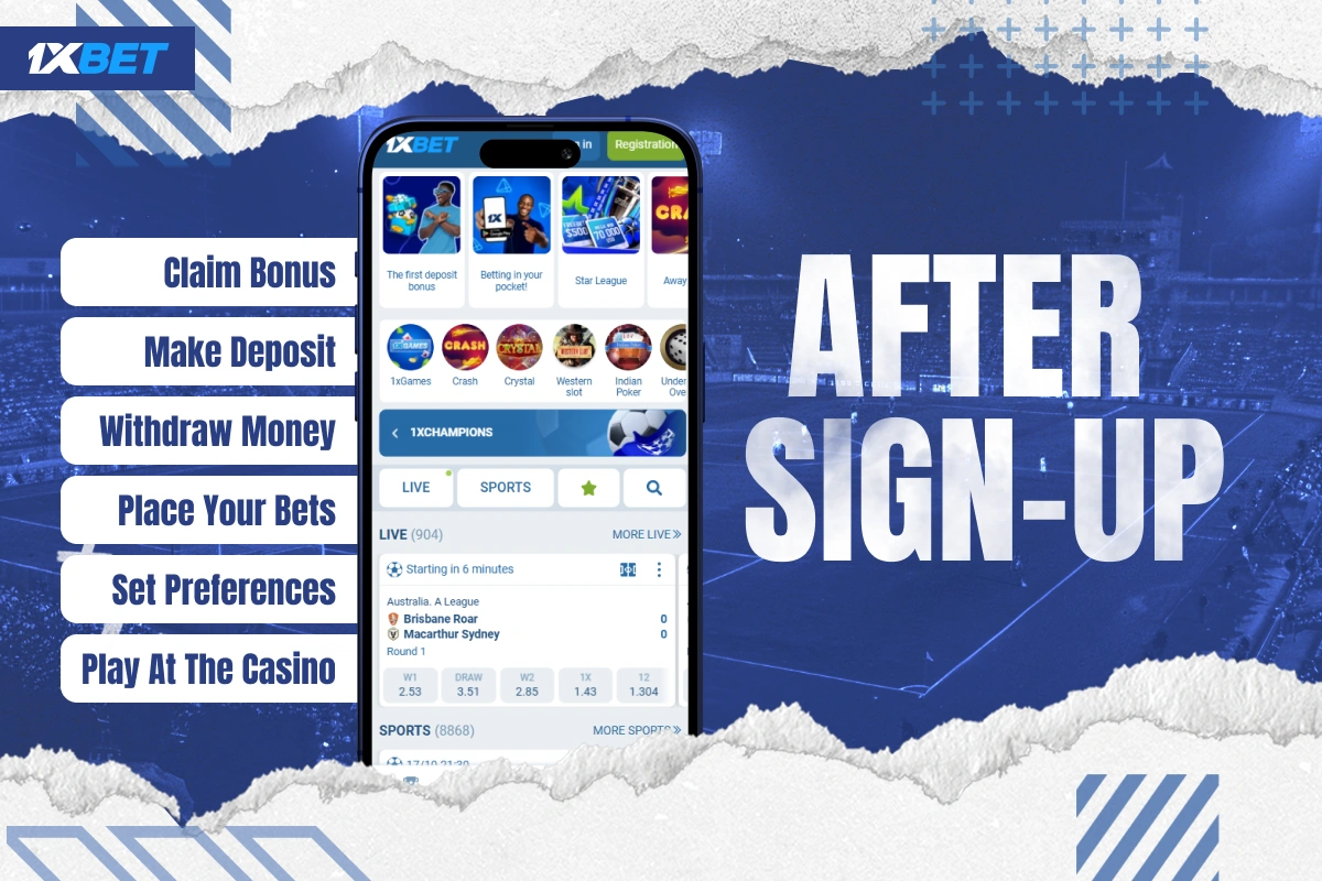 Smartphone showing 1xBet Kenya features after registration like bonuses, betting and casino