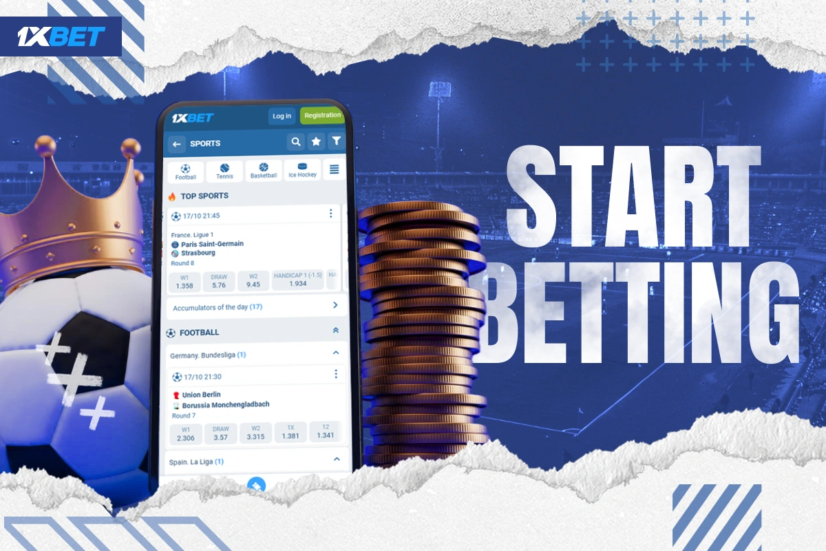 1xBet Kenya betting page open on smartphone with coins and football nearby