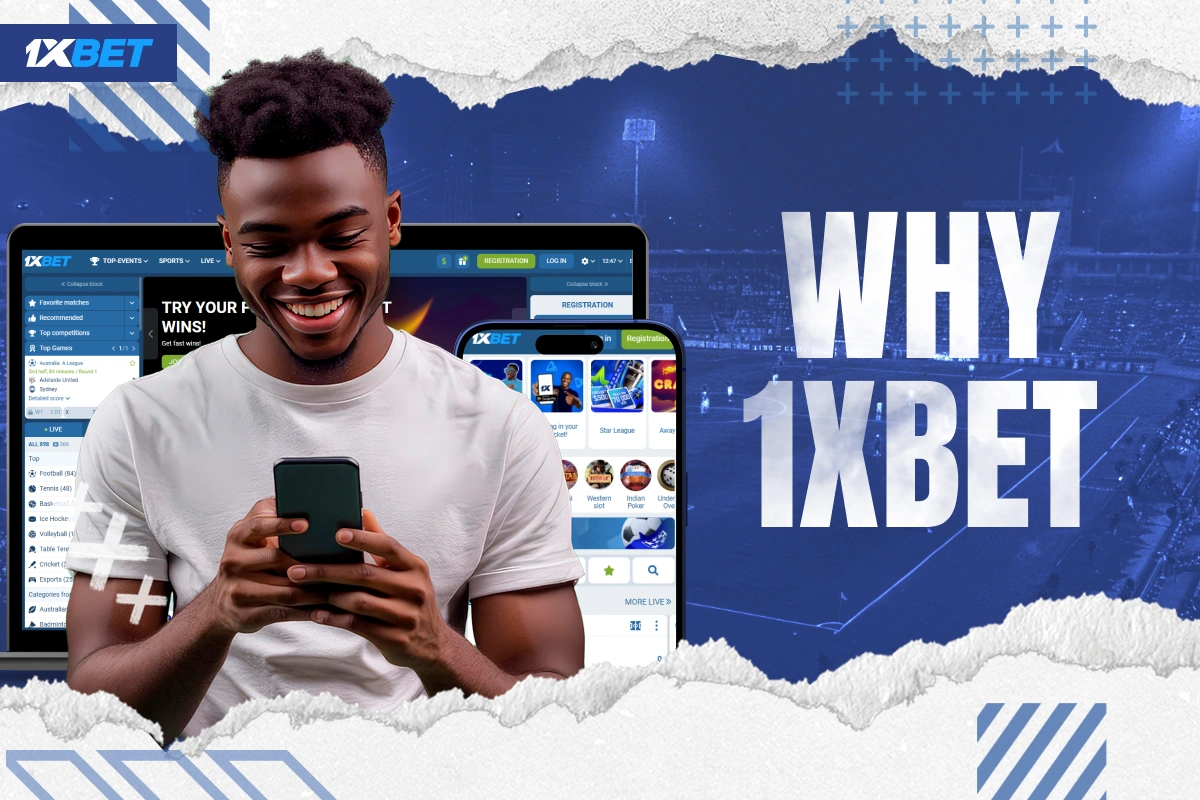 Happy Kenyan man using smartphone with 1xBet Kenya site and app on screens behind him